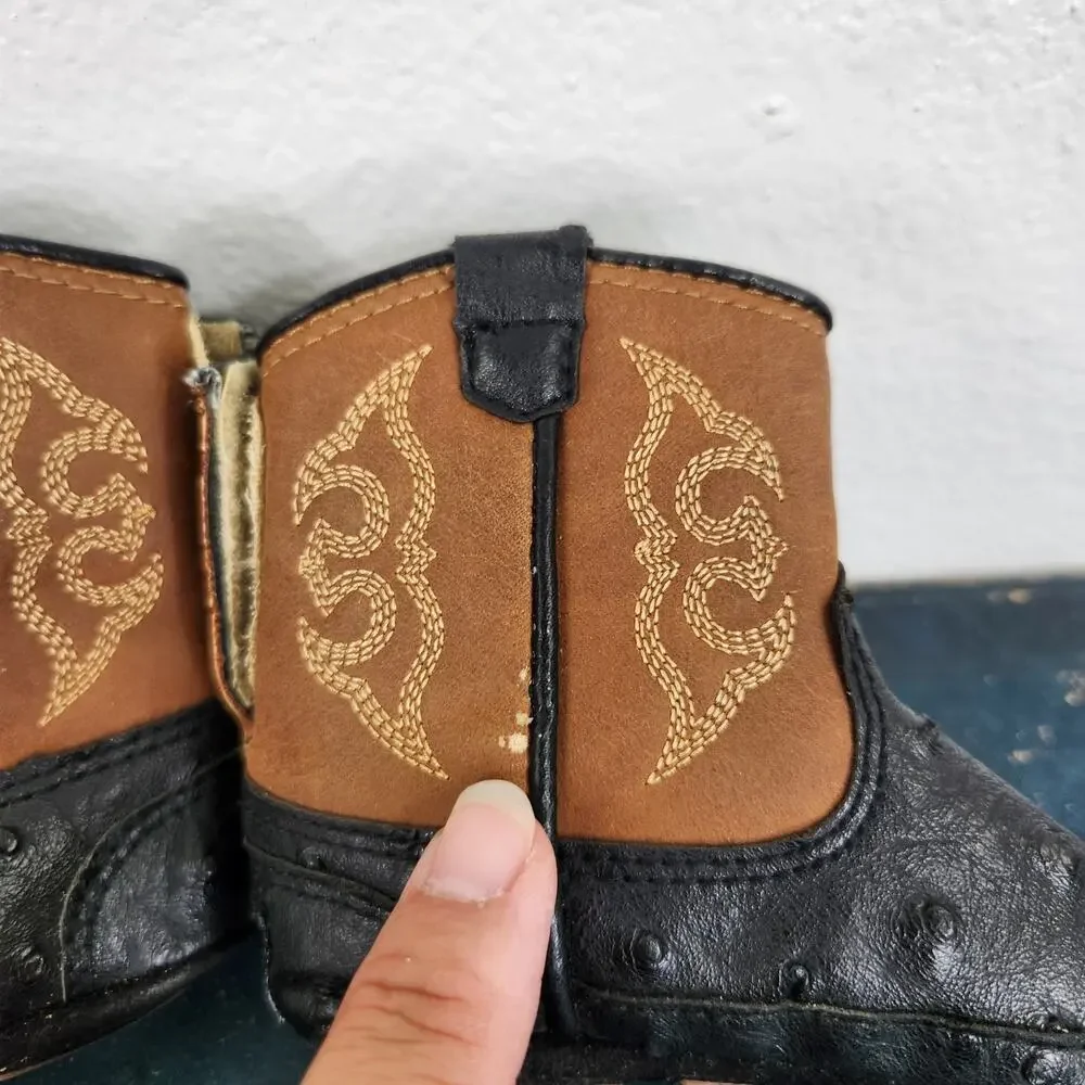 DBL Barrel Faux Ostrich Black Western Infant Boots Hook & Loop Closure